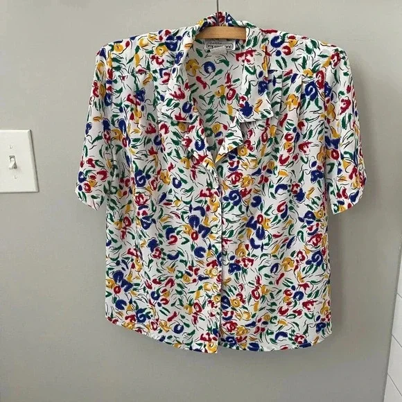 Vintage: Petite Impressions 90s Colorful White Floral Button Up - Size 4 - Picture 7 of 16